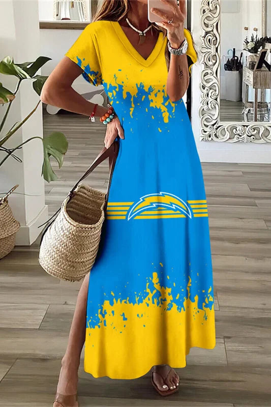 Los Angeles Chargers Limited Edition All-Over Print Women's V-neck Dress With Side Slit