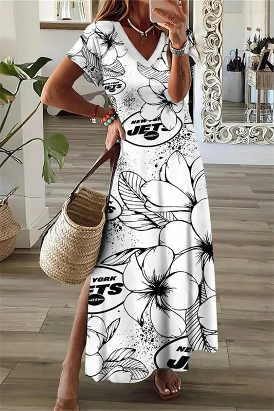 New York Giants Limited Edition All-Over Print Women's V-neck Dress With Side Slit