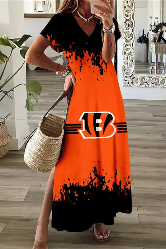 Cincinnati Bengals Limited Edition All-Over Print Women's V-neck Dress With Side Slit