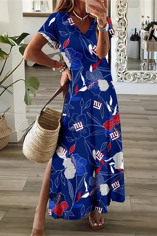 New York Giants Limited Edition All-Over Print Women's V-neck Dress With Side Slit